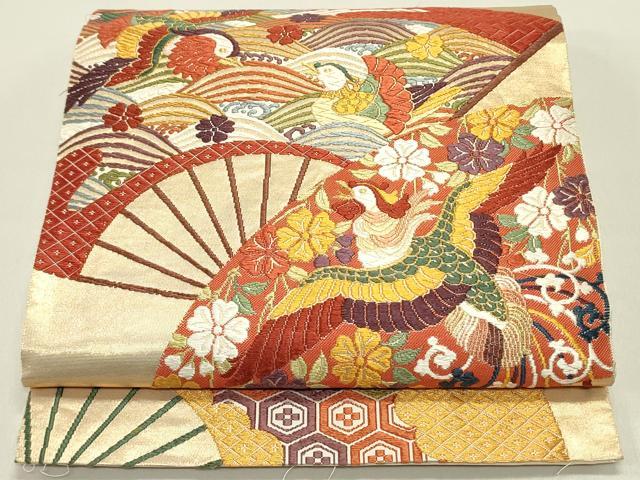 平和屋着物●西陣最高峰・北尾織物匠　六通柄袋帯　唐織　能装瑞鳥麗華扇文　金糸　正絹　逸品　DAAY0435ob