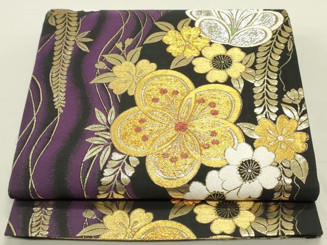 平和屋着物●六通柄袋帯　唐織　枝垂れ藤　草花文　黒地　金銀糸　正絹　逸品　DAAY0442ob