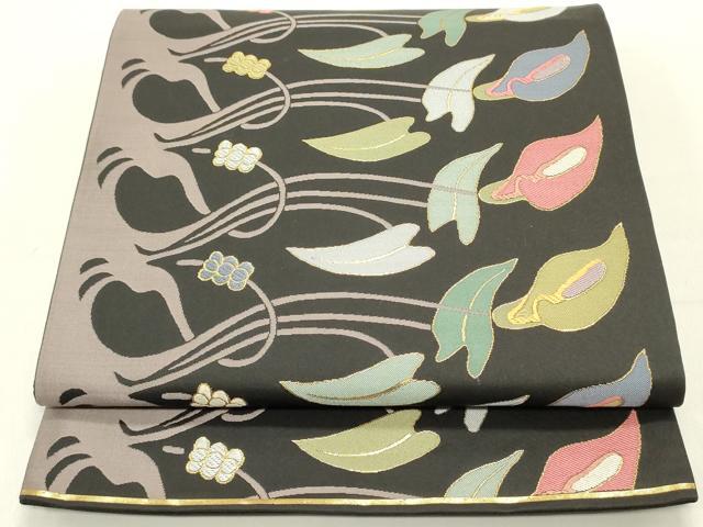 平和屋着物●六通柄袋帯　唐織　蔦の葉南天花文　カラー　黒地　金糸　正絹　逸品　DAAY0452ob