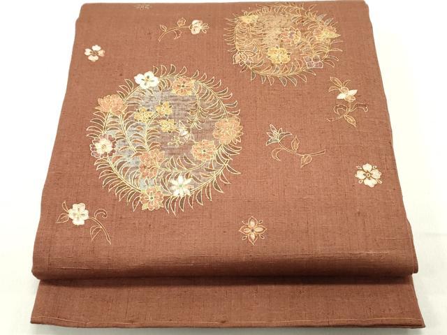 平和屋着物●太鼓柄袋帯　紬地　駒刺繍　花丸文　金彩　正絹　逸品　未使用　DAAY0475ob