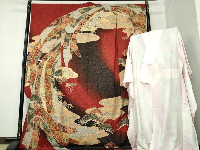 平和屋着物●豪華振袖　長襦袢(無双仕立て)セット　束ね熨斗花文　暈し染め　金彩　金通し地　正絹　逸品　DAAY1005ps