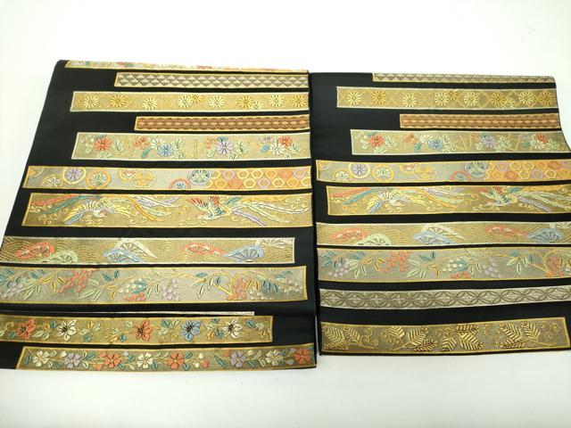 平和屋着物●西陣の名門　本家加納　つけ帯　横段舞蝶花鳥文　黒地　金糸　越後絣扱い　正絹　逸品　未使用　DAAY1028ps