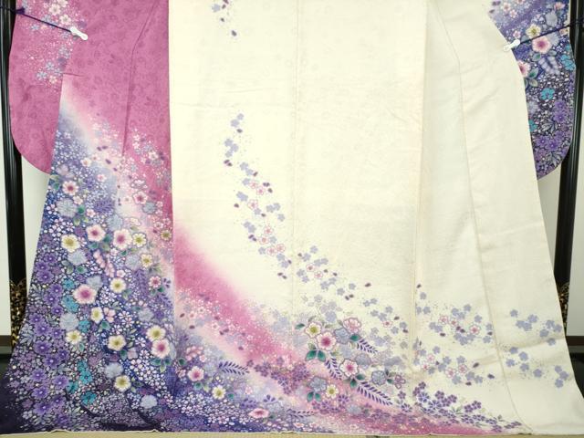 平和屋着物●豪華振袖　おぼろ染め　襲絞り　辻が花　銀通し地　正絹　逸品　DAAY1076ps 平和屋着物○豪華振袖 おぼろ染め 襲絞り 辻が花 銀通し地 正絹 逸品