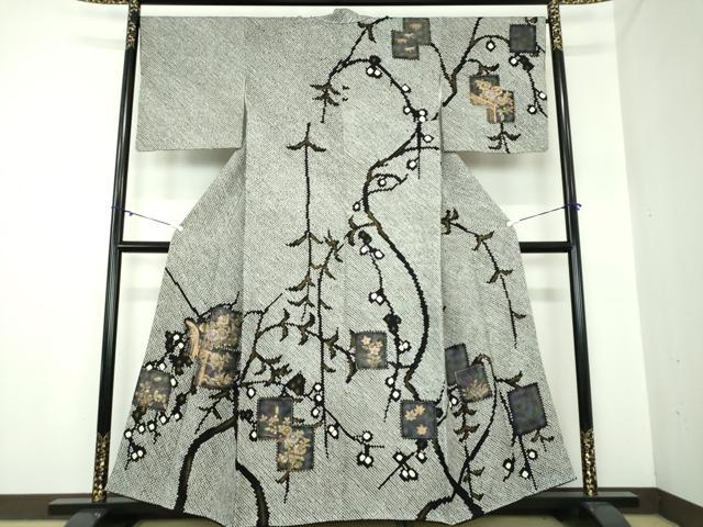 平和屋着物●訪問着　総絞り　色紙重ね花文　黒地　金彩　正絹　逸品　DAAY1077ps