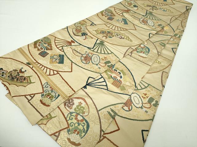 平和屋着物●アンティーク　大正ロマン　丸帯　引き抜き帯　唐織　扇面舞蝶楽器花文　宝舟　金糸　正絹　逸品　DAAY1128ps