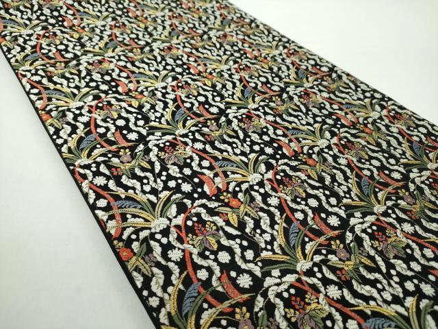 平和屋着物○六通柄袋帯 唐織 雪持ち花文 黒地 金糸 正絹