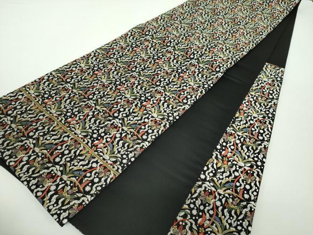 平和屋着物○六通柄袋帯 唐織 雪持ち花文 黒地 金糸 正絹