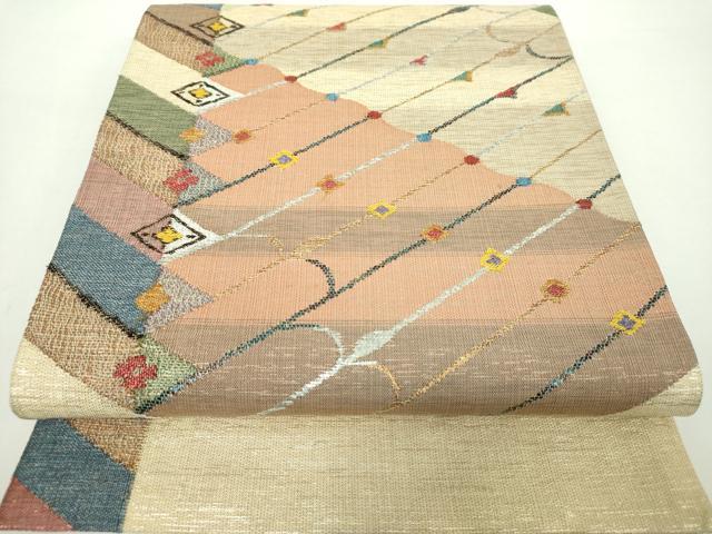 平和屋着物▽太鼓柄袋帯　スリーシーズン帯　春　夏　秋　瓦花文　金銀糸　正絹　逸品　DAAY1146ps