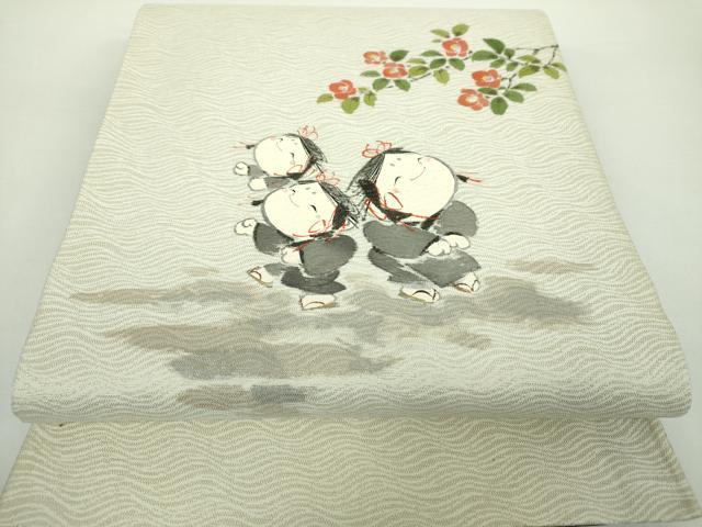 平和屋着物●日本画家 水嶋征夫 双方向 両面太鼓柄袋帯 手描き 童子遊び 六瓢息災 日本昔話 金通し地 正絹　逸品　未使用　DAAY1154ps