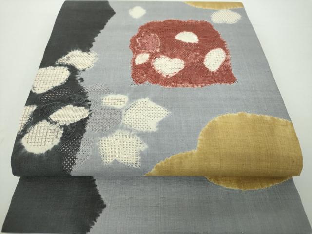 平和屋着物●中国三大刺繍　スワトウ相良刺繍　汕頭相良刺繍　九寸開き名古屋帯　紬地　絞り　草花文　正絹　逸品　未使用　DAAY1166ps