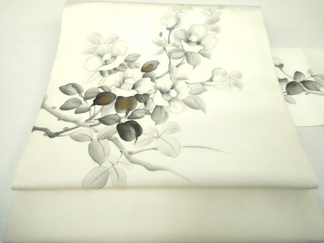 平和屋着物●塩瀬　九寸名古屋帯　作家物　手描き　枝椿　金彩　正絹　逸品　DAAY1182ps