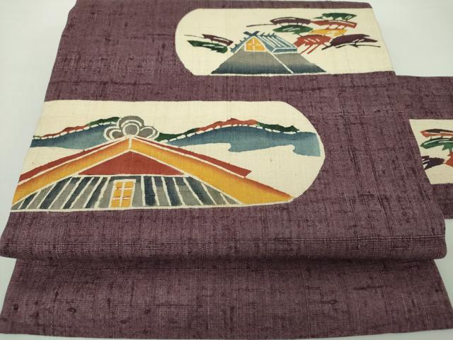 平和屋着物●人間国宝 芹沢圭介一番弟子　下平清人　九寸名古屋帯　生紬　型染　風景文　正絹　逸品　未使用　DAAY1205ps