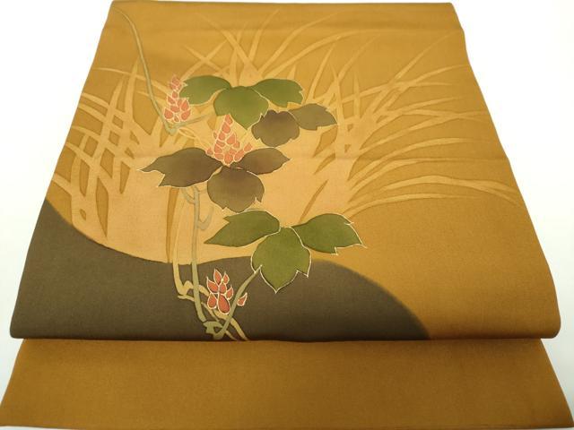 平和屋着物●塩瀬　九寸開き名古屋帯　手描き　草花文　シルエット　金彩　正絹　逸品　DAAY1213ps