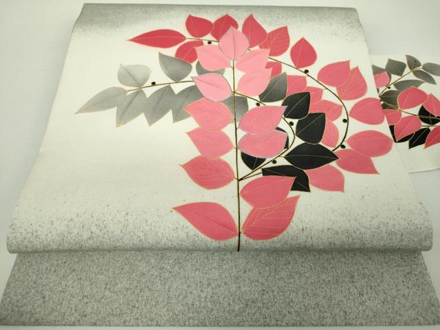 平和屋着物●塩瀬　九寸名古屋帯　駒刺繍　枝葉文　金彩　正絹　逸品　DAAY1221ps