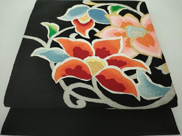 平和屋着物●爪掻き本綴れ　八寸名古屋帯　更紗花文　黒地　金銀糸　正絹　逸品　DAAY1225ps