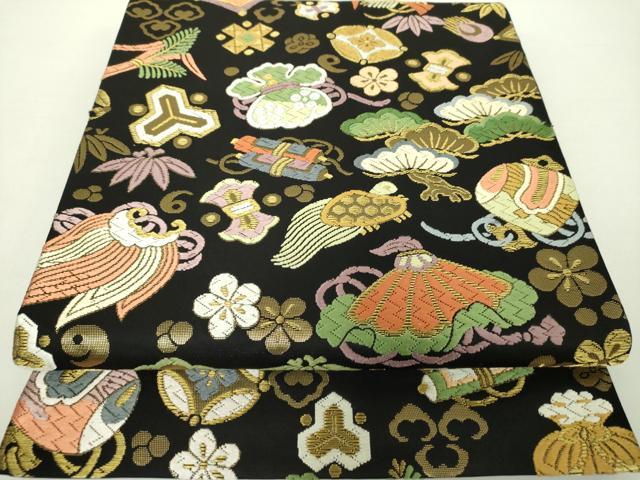 平和屋着物●六通柄袋帯　唐織　吉祥宝尽し文　黒地　金糸　正絹　逸品　DAAY1237ps