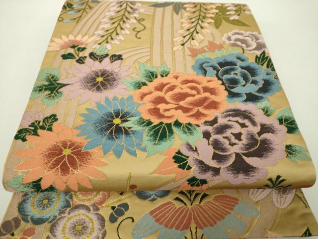 平和屋着物●西陣　白綾苑大庭　六通柄袋帯　流水花文　金糸　正絹　逸品　DAAY1238ps