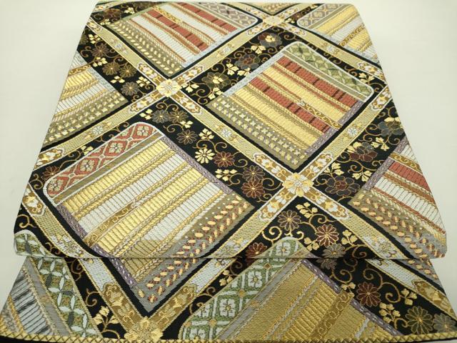 平和屋着物●六通柄袋帯　鎧脅し　黒地　金糸　正絹　逸品　DAAY1257ps