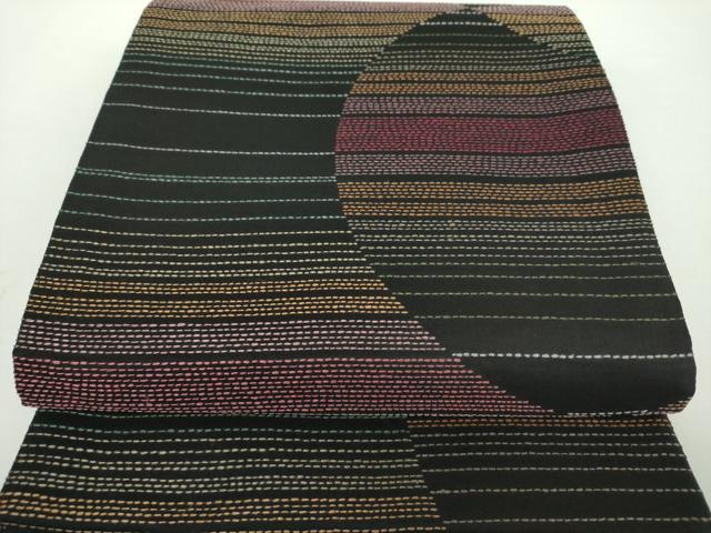 平和屋着物●全通柄袋帯　刺し子　総刺繍　横段文　黒地　正絹　逸品　DAAY1261ps