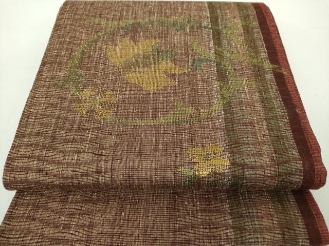 平和屋着物●六通柄袋帯　紬地　草花間道　金糸　正絹　逸品　未使用　DAAY1266ps