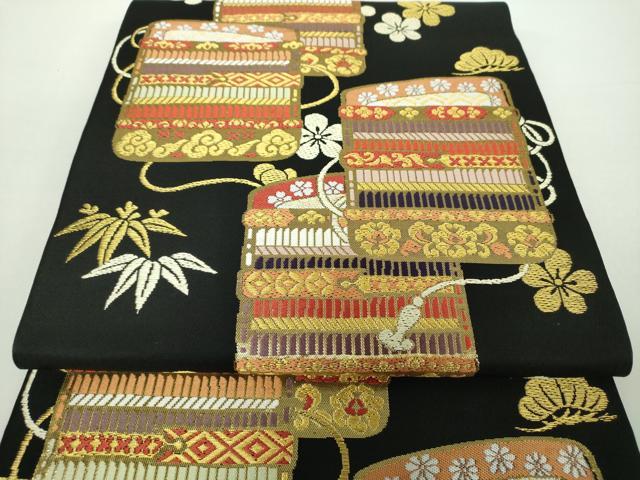 平和屋着物●西陣　全通柄　本袋帯　松竹梅鎧文　黒地　金銀糸　上代25万　証紙付き　正絹　逸品　未使用　DAAY1274ps