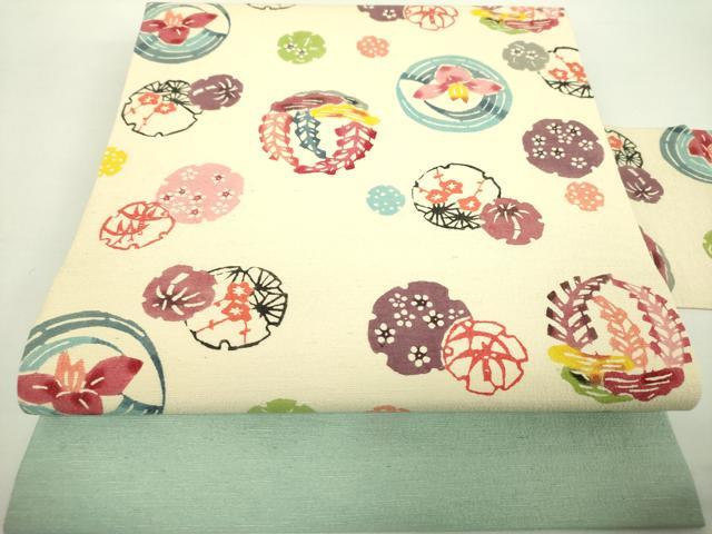 平和屋着物●九寸名古屋帯　紬地　紅型　雪輪吉祥花文　正絹　逸品　DAAY1284ps