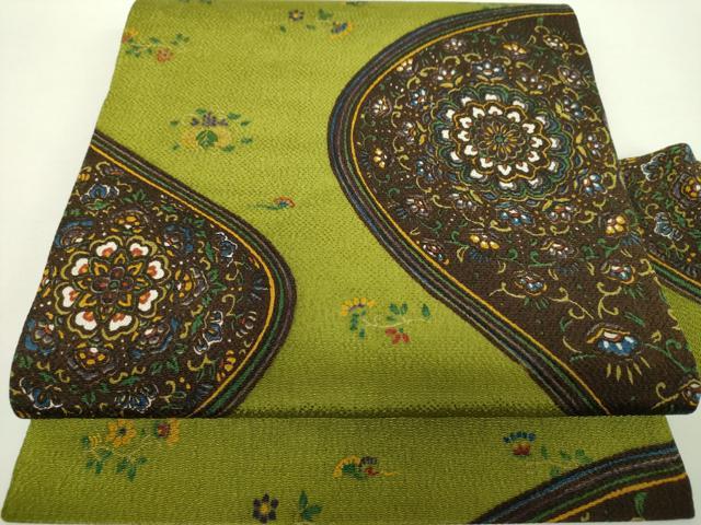 平和屋着物●九寸名古屋帯　正倉院花文　鬼しぼ縮緬　正絹　逸品　未使用　DAAY1285ps