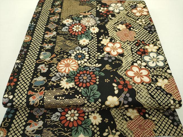 平和屋着物●全通柄袋帯　宝尽くし　枝梅　黒地　金彩　正絹　逸品　DAAY1301ps
