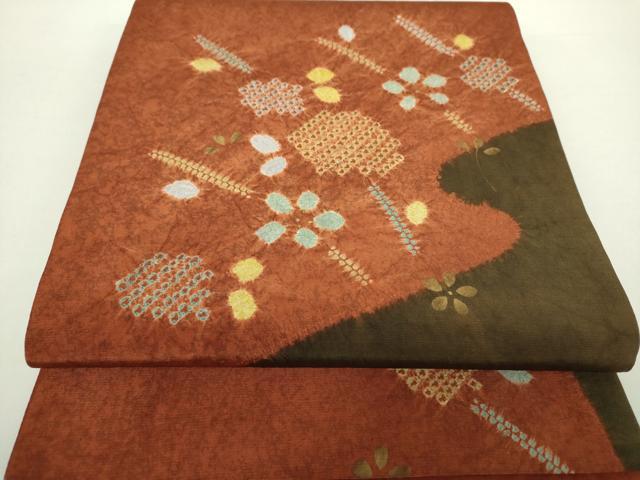 平和屋着物●太鼓柄袋帯　紬地　絞り　草花文　金彩　正絹　逸品　DAAY1328ps