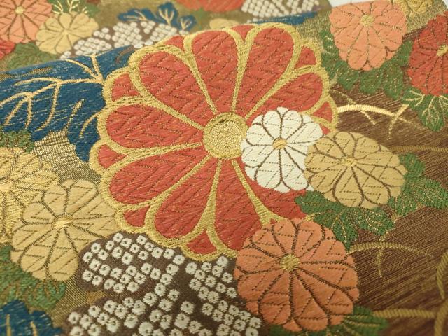 平和屋着物●ファッションデザイナー 花井幸子　六通柄袋帯　菊楓文　金糸　やまと誂製　正絹　逸品　DAAY1332ps 平和屋着物○ファッションデザイナー 花井幸子 六通柄袋帯 菊楓文 金糸