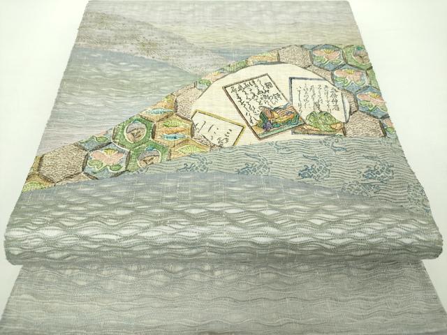 平和屋着物▽太鼓柄袋帯　スリーシーズン帯　春　夏　秋　櫛織り　百人一首　カルタ　荒磯　正絹　逸品　DAAY1341ps