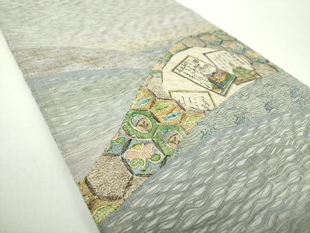 平和屋着物○太鼓柄袋帯 スリーシーズン帯 春 夏 秋 櫛織り 百人一首