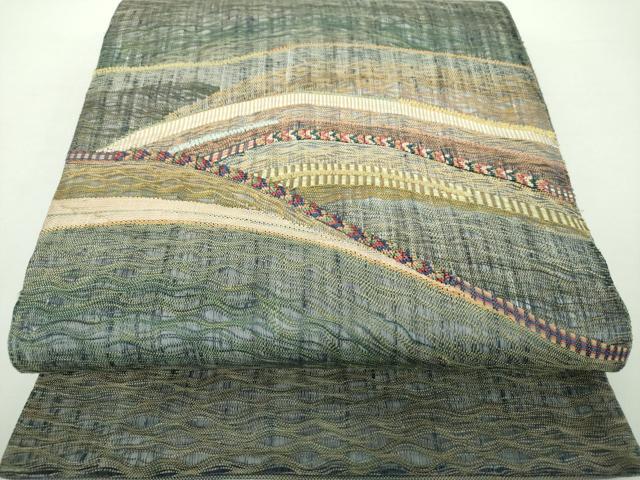 平和屋着物▽太鼓柄袋帯　スリーシーズン帯　春　夏　秋　櫛織り　流水文　金糸　正絹　逸品　DAAY1346ps