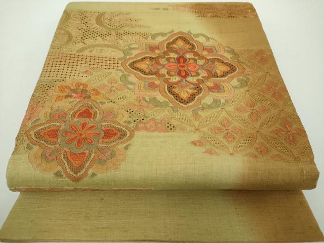 平和屋着物●中国三大刺繍　スワトウ相良刺繍　汕頭相良刺繍　総刺繍　太鼓柄袋帯　紬地　絽刺し　正倉院花菱文　正絹　逸品　DAAY1361ps