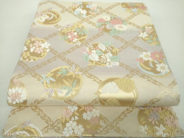 平和屋着物●六通柄袋帯　煌絲唐織　格子花丸文　金糸　鈴乃屋扱い　正絹　逸品　DAAY1364ps