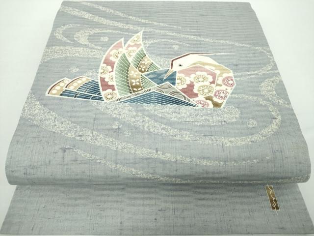 平和屋着物●九寸開き名古屋帯　紬地　作家物　型染　流水鴛鴦文　正絹　逸品　未使用　DAAY1370ps
