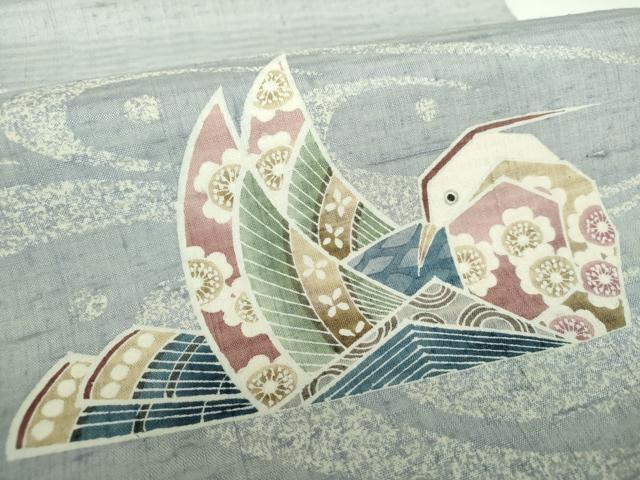 平和屋着物●九寸開き名古屋帯　紬地　作家物　型染　流水鴛鴦文　正絹　逸品　未使用　DAAY1370ps