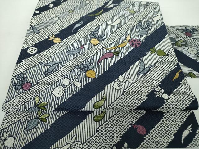 平和屋着物●九寸名古屋帯　唐織　成り物　茄子　蓮根　蕪　正絹　逸品　DAAY1375ps