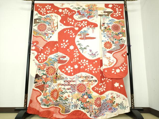 平和屋着物●豪華振袖　駒刺繍　絞り　風景花文　金彩　正絹　逸品　DAAY1406ps