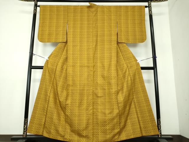 平和屋着物○山下八百子 本場黄八丈 市松綾織 紬 正絹 逸品