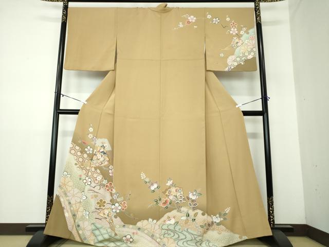 平和屋着物●訪問着　駒刺繍　雪輪青海波　舞扇花文　金彩　正絹　逸品　DAAY1489ps