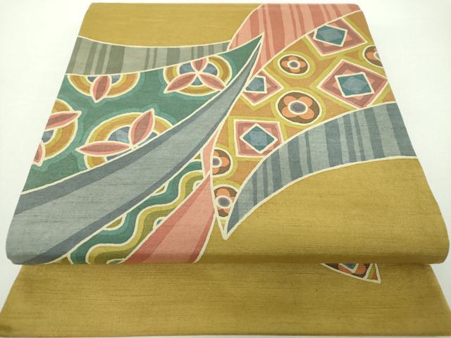 平和屋着物●六通柄袋帯　紬地　型染　抽象文様　正絹　逸品　DAAY1547ps