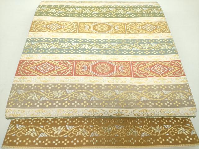 平和屋着物●六通柄袋帯　手織　横段花文　金銀糸　正絹　逸品　DAAY1562ps