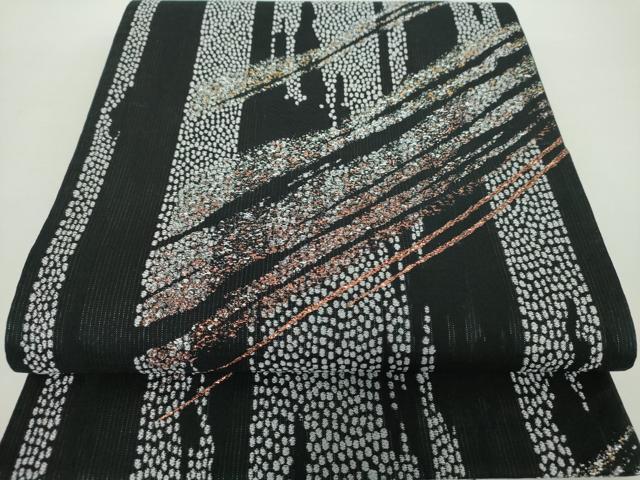 平和屋着物●六通柄袋帯　斜線文　黒地　銀糸　正絹　逸品　DAAY1589ps