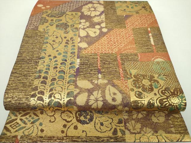 平和屋着物●六通柄袋帯　紬地　絞り　切嵌花文　金彩　正絹　逸品　DAAY1613ps