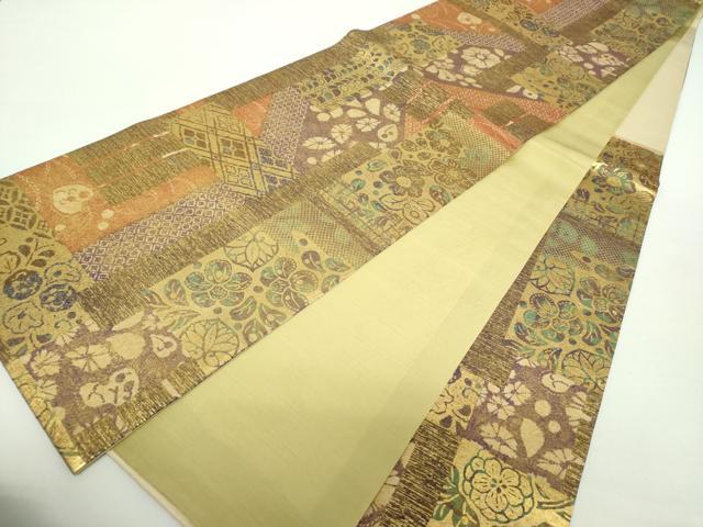 平和屋着物●六通柄袋帯　紬地　絞り　切嵌花文　金彩　正絹　逸品　DAAY1613ps 平和屋着物○六通柄袋帯 紬地 絞り 切嵌花文 金彩