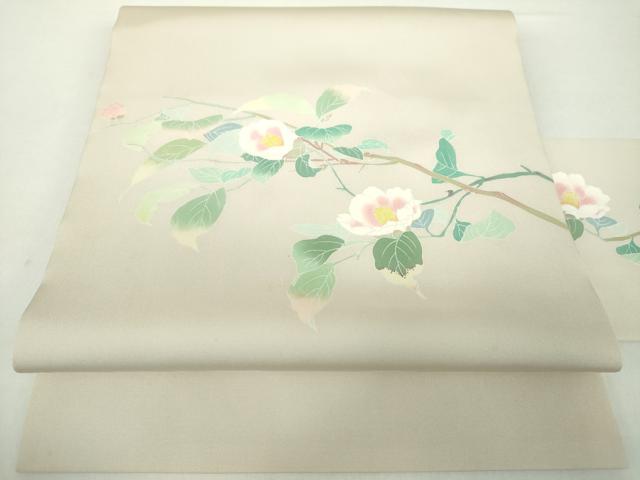 平和屋着物●塩瀬　九寸名古屋帯　友禅　作家物　枝花文　正絹　逸品　未使用　DAAY1657ps