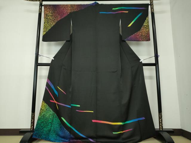 平和屋着物●染色作家　斉藤三才　訪問着　変わり間道　黒地　たたき染め　正絹　逸品　DAAY1765ps