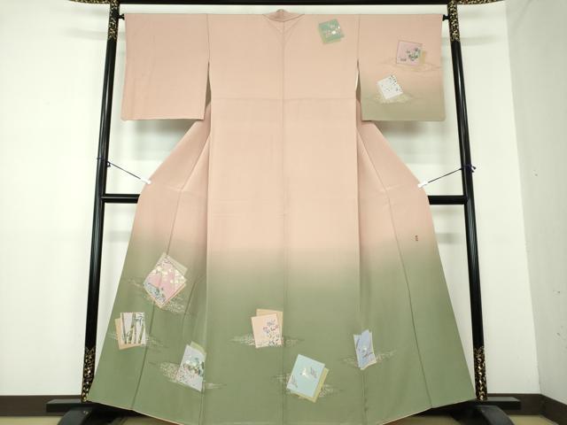 平和屋着物●十日町　加賀草木友禅の第一人者　田村哲彦　訪問着　色紙重ね花鳥文　暈し染め　金彩　正絹　逸品　DAAY1804ps