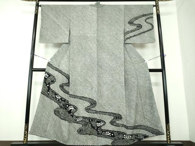 平和屋着物●訪問着　総絞り　流水花文　黒地　正絹　逸品　DAAY1808ps